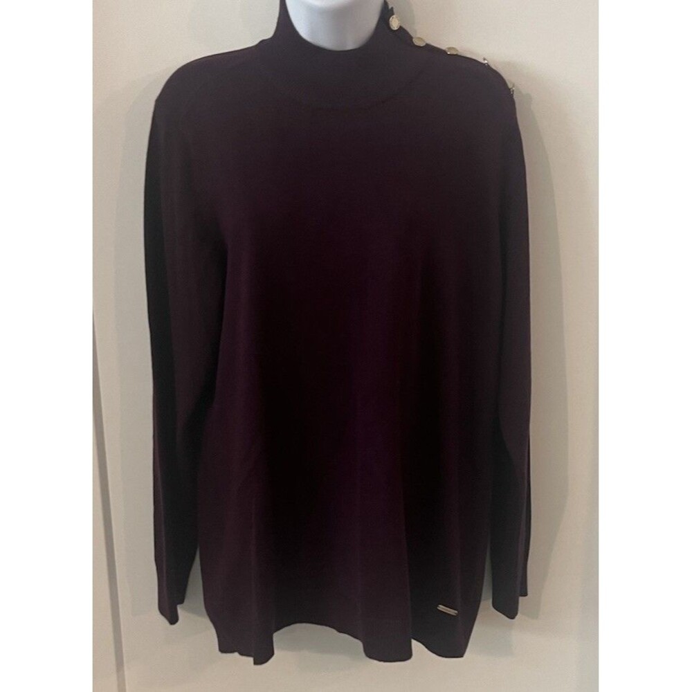 Calvin Klein Purple Mock Turtle Neck Button Shoulder Pullover Sweater Women XL